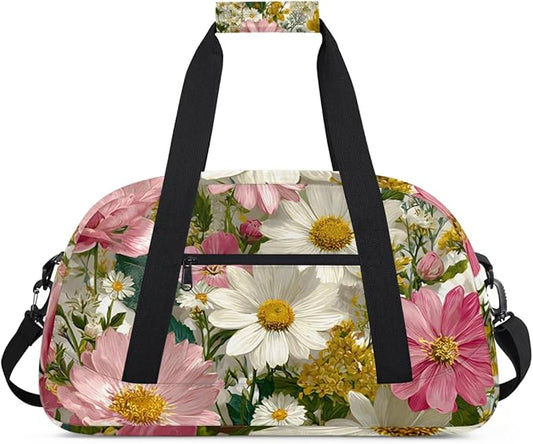 Florals Flower Daisy Gym Travel Duffle Bag for Women & Men with Front Zipper Pocket for Sports, Overnight, Weekender, Carry On,Workout & Dance Bag,Daisy Yellow White,18.9 * 8.7 * 10.6 in