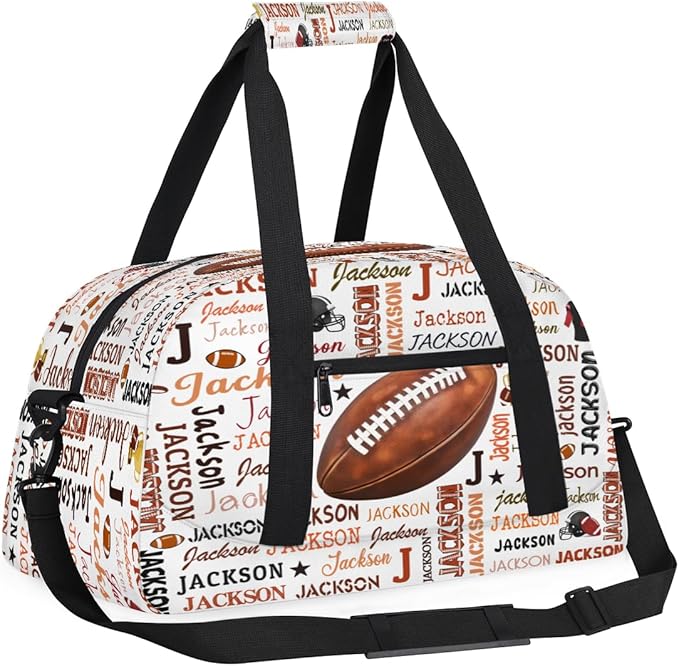 Custom Name Football Duffel Bag for Boys, Personalized Sports Gym Bag Overnight Travel Weekender Bag Lightweight Carry On Sleepovers Bag for School Practice Gymnastics Soccer Football