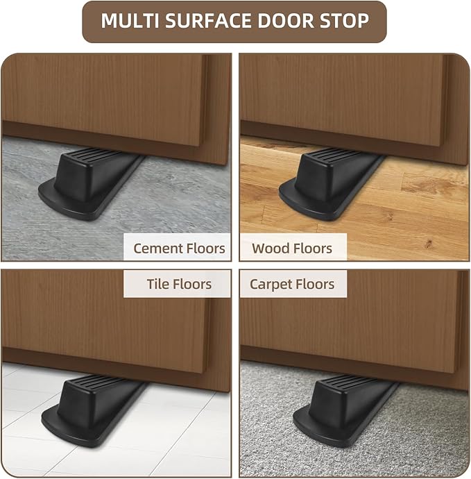 Door Stoppers for Bottom of Door on Floor, Premium Rubber Door Stopper Wedge, Floor Sturdy Stackable Door Stops for Carpet Heavy Duty Door, Door Gaps (Black, 4 Pack)