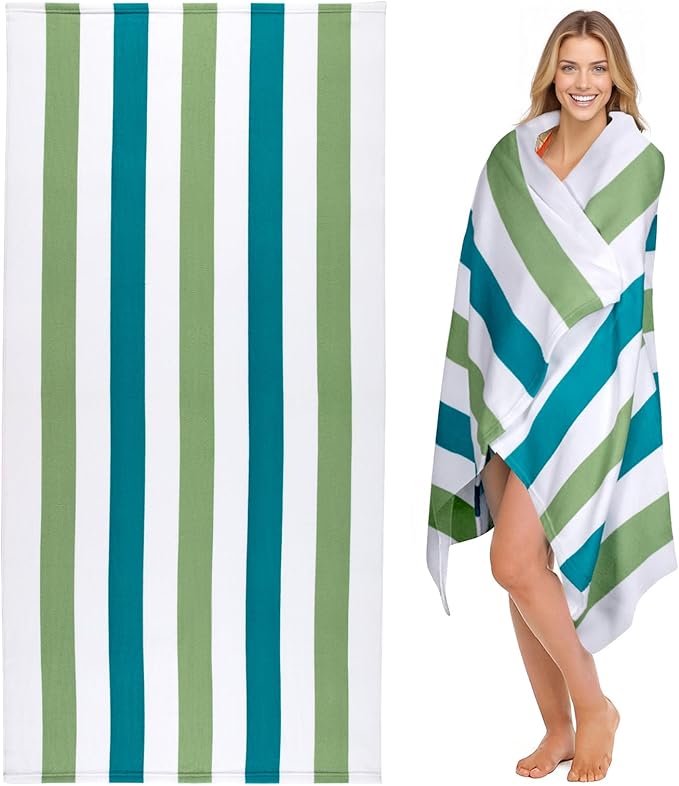 cabanana Large Oversized Beach Towel - Microfiber Sand Free 35 x 70 Inch Quick Dry Lightweight Pool Towel for Adults, Thin Striped Swim Towel (Green)