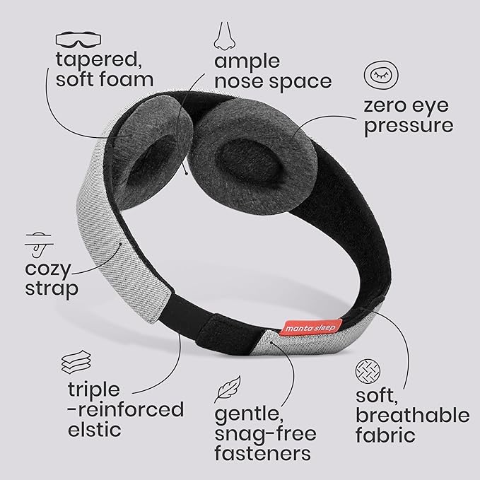 Manta Sleep Mask - 100% Light Blocking, Adjustable Sleeping Mask with Detachable Eye Cups, Ultra Comfortable for Women & Men, Zero Pressure on Lashes, Perfect for Travel/Shift Work