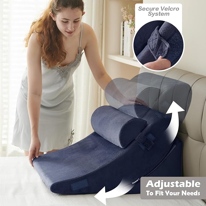 4Pcs Wedge Pillow for Sleeping, Orthopedic Bed Wedge Pillows for After Surgery, Foam Triangle Sit Up Pillow Wedge for Back, Neck, Shoulder Support, Leg Elevation, Acid Reflux, Gerd, Snoring Navy Blue