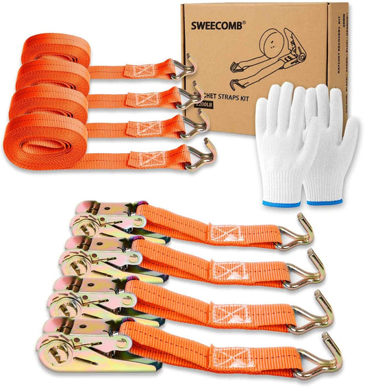 Ratchet Straps (4-Pack), 1 Inch x 16.4 Feet (2200lb Break Strength) with Sturdy Metal Hooks, 1x Work Gloves, Heavy Duty Tie Down Straps for Truck, Cargo Trailer, Motorcycle, Luggage, Moving (Orange)