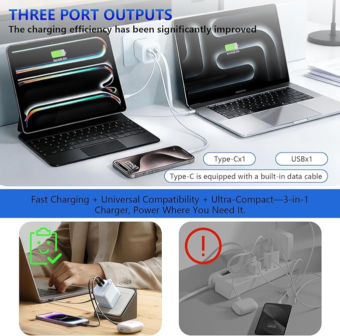 80W USB-C Retractable Fast Charger, PD Wall Charger with Built-in Retractable USB-C Cable, Portable Power Adapter for iPhone 17 Pro Max/16/15, Samsung, iPad, MacBook Air & USB-C Devices (White, 10)