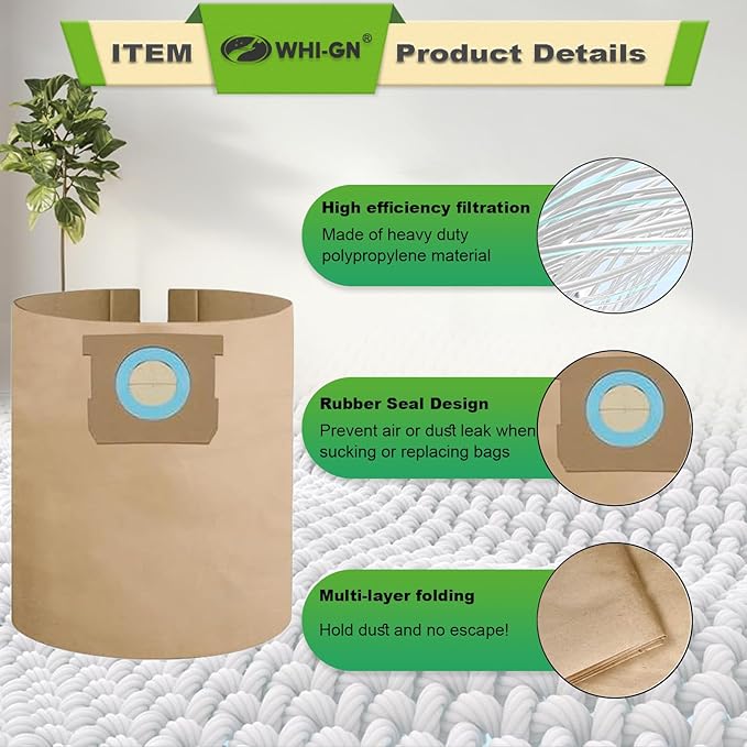 5 Pack DXVA19-4104 Vacuum Bags Replacement for Dewalt 8 Gallon Shop Vac Bags DXV08SA, compatible with DEWALT 5-8 Gallon Wet/Dry Vacuums, Disposable High Efficiency Filter Bags