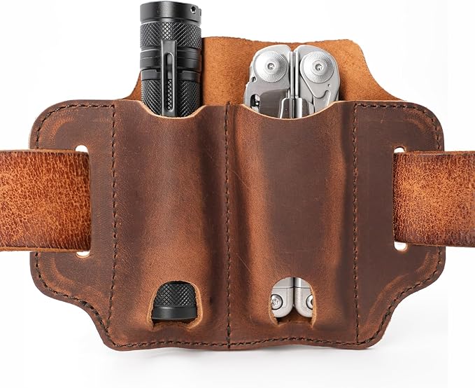 XXL EDC Leather Sheath for Leatherman Multitools, Belt Sheath Pocket Organizer for 5 inch Knives Tactical Flashlights Tools, Chestnut