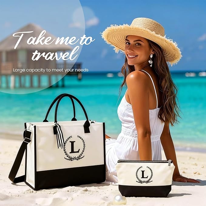 Personalized Canvas Tote Bag for Women Makeup Pouch Initial Beach Bag Removable Bottom Board for Travel Birthday