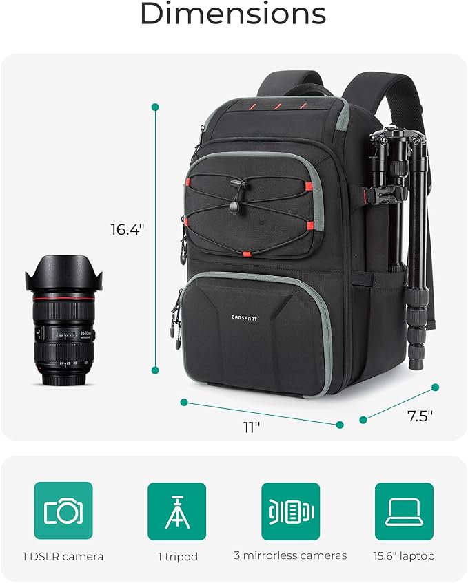 BAGSMART Camera Bag for Photographers, Professional Camera Bag Fits up to 15.6" Laptop, DSLR/Drones/Tripod Camera Case with Rain Cover, Grey