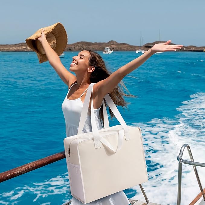 Utility Tote Beach Bag Waterproof Sandproof Women 38L Large Travel Shoulder Handbag Pool Bag Zip Foldable Bottom Pad