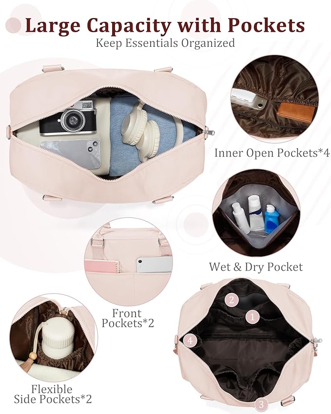 Gym Bag for Women,Travel Duffle Bag for Travel with Wet Pocket Weekender Overnight Carry On Tote Bag Luggage Bag with Trolley Sleeve Personal Item Travel Bag Hospital Diaper Bag Pink