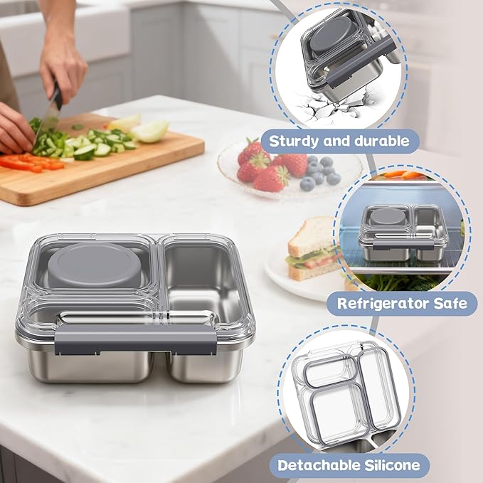 Stainless Steel Bento Box Kids Adult with 7oz Insulated Food Jar, Transparent Lid Metal Lunch Box With Soup Thermal Jar, Lunch Box Container with Removable Divider & Sauce Cup School (Grey)