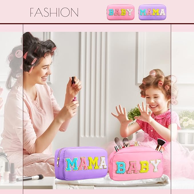 Sanwuta 2 Pieces Mama Gifts Makeup Bag Mom Pouch Birthday Gifts Nylon Cosmetic Bag Mothers Day Appreciation Toiletry Preppy Patch Chenille Letter for Women Her New Mom(Purple, Pink,Baby and Mama)