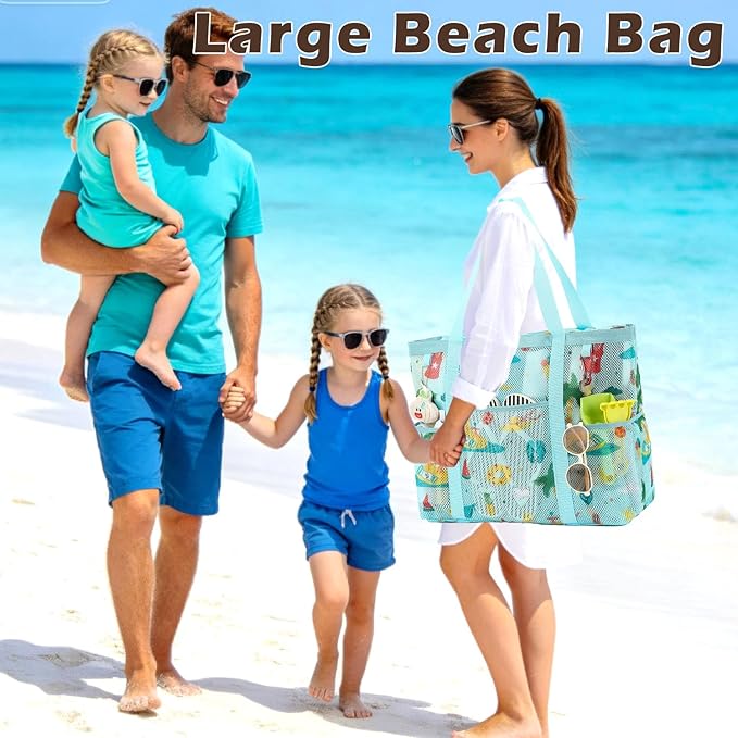 Mesh Beach Bag with Zipper, Large Beach Tote for Women, Toys Pool Swim Bag Travel Vacation Cruise Essentials
