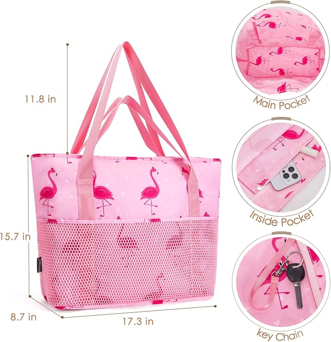 KABAQOO Large Beach Bag Waterproof Sandproof Tote Bag for Women with Zipper & Mesh Pockets for Pool Swim Travel Everyday