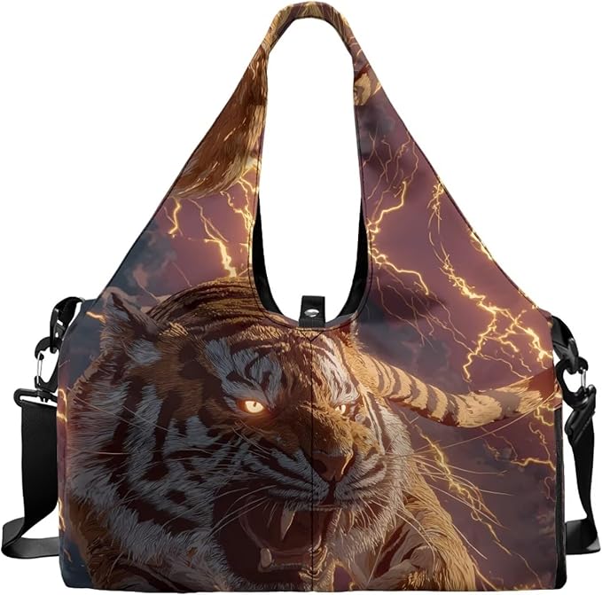 Tiger Gym Bag for Men Stylish Sports Bag with Shoe Compartment Water-Resistant Lightweight Duffel Bags with Zipper Pockets Fitness Workout Multi-Functional Yoga Mats Bags with Holder Strap