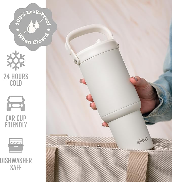 Ello Oasis Go+ 32oz Tumbler with Top Handle and Retracting Straw | Reusable Insulated Stainless Steel Cup, 100% Leakproof Water Bottle, 24 Hours Cold, Cup Holder Friendly For Travel | Mineral