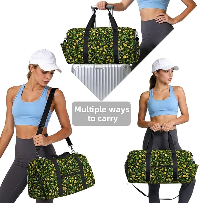 Buttercups On Black Women'S Gym Duffle Bag With Shoes Compartment, Ideal For Travel, Gym, Sports, Duffel, Weekender