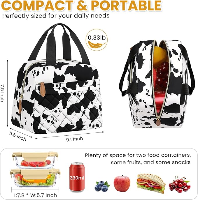 Insulated Lunch Bag for Women, Portable Lightweight Lunch Box for Adults, Reusable Small Lunch Tote Cooler Bags with Front Zipper Pocket for Work School Picnic(Cow)
