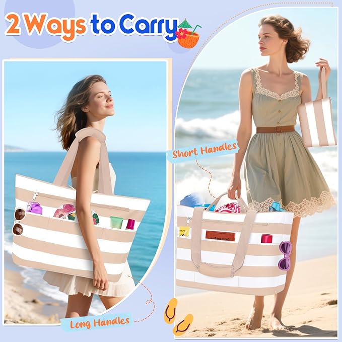 BKNOOU Extra Large Beach Bags Waterproof Sandproof XL Beach Tote Bag for Women Zipper Foldable Swim Pool Bag with Wet Pocket