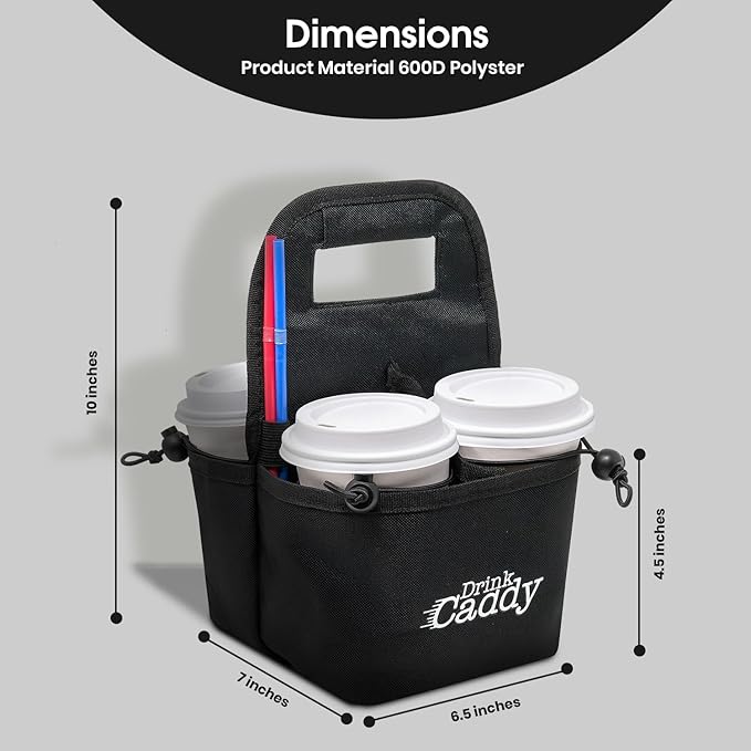 Drink Caddy Portable Drink Carrier and Reusable Coffee Cup Holder - 4 Cup Collapsible Tote Bag with Organizer Pockets Safely Secures Hot and Cold Beverages - Perfect for Food Delivery and Take Out