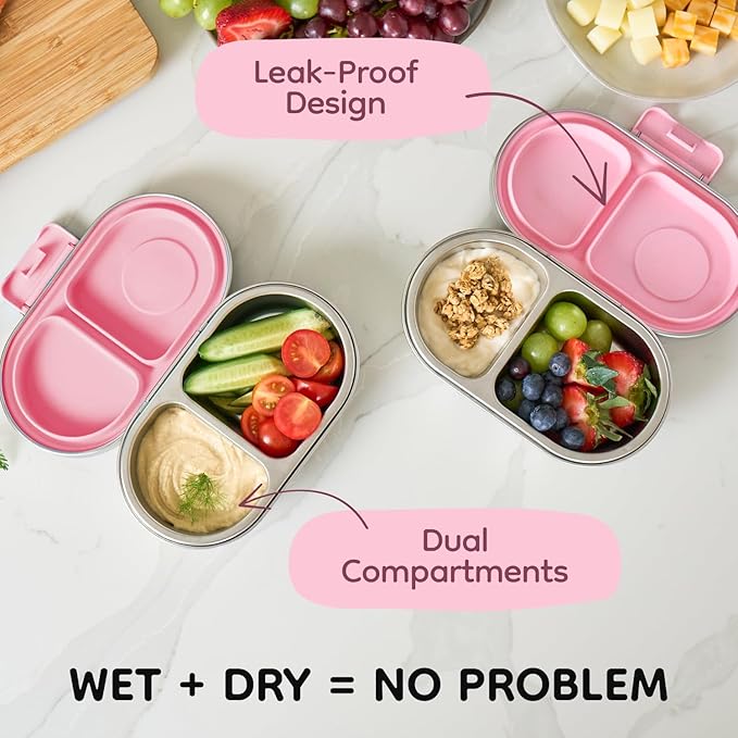 Good Bare Stainless Steel Snack Container for Kids – 2 Compartment Metal Bento Box, Leakproof, Non-Toxic, Easy-Open Latch, Dishwasher Safe, Small Snack Pack, Perfect for On-the-Go (Sweet Pink)