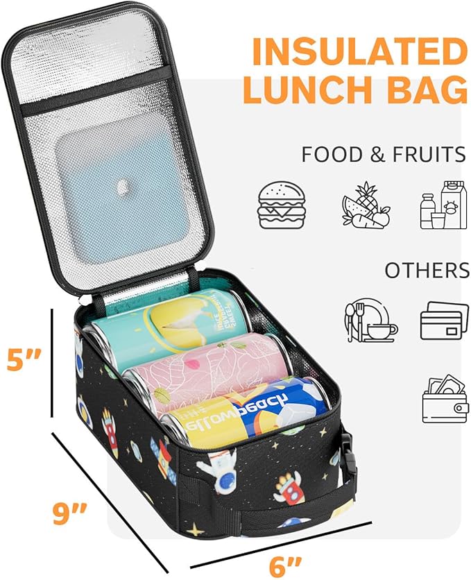 HowFly Small Insulated Snack Bag for Kid - Lunch Bag Box for Women/Men - Collapsible Reusable Lunch Cooler Bags for Bottle with Handle Buckle for Work School - Spaceman