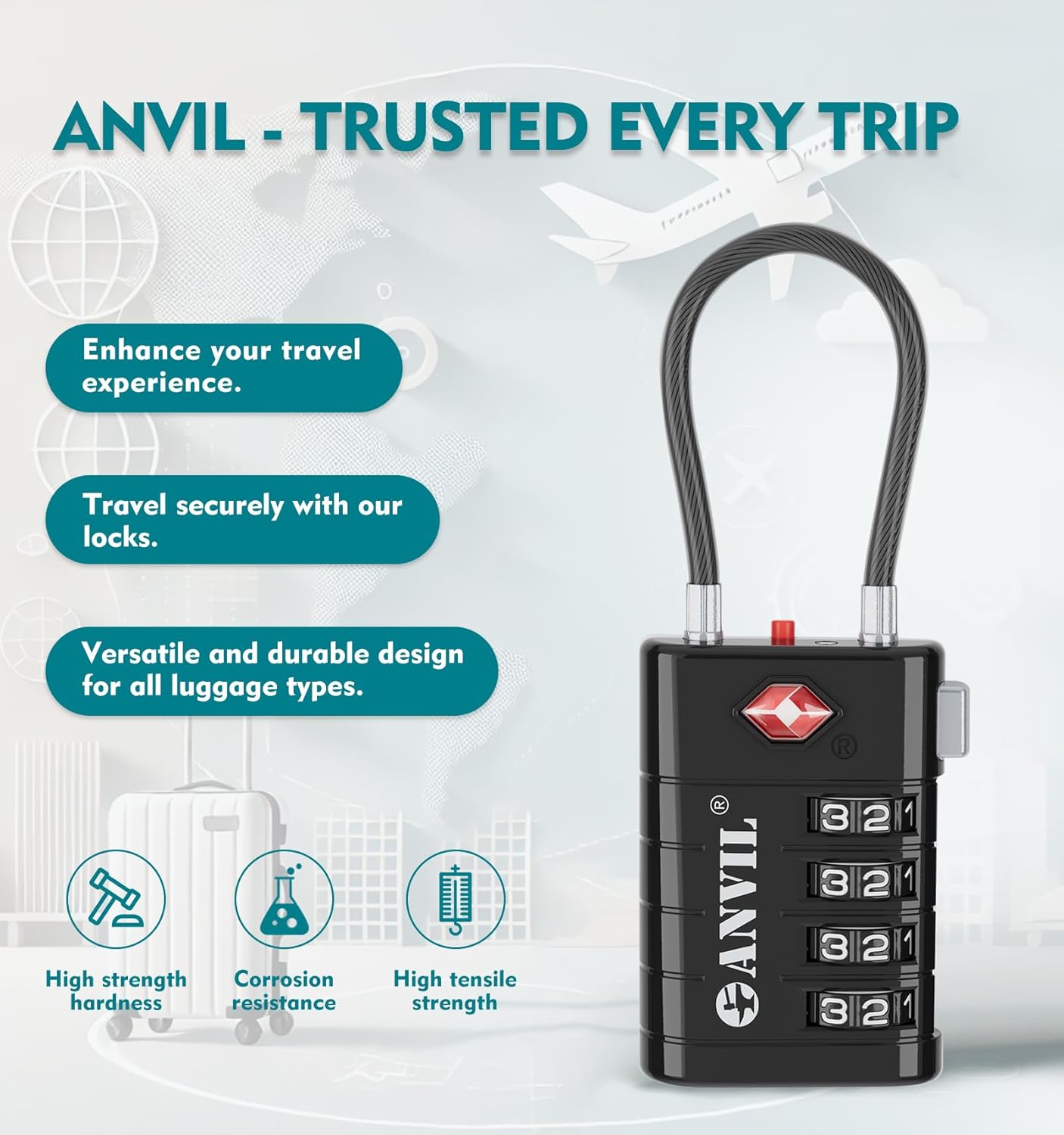 ANVIL 4 Digit Luggage Locks, TSA Locks for Luggage, Advanced TSA008 core, Alert Indicator for Your Travel Lock, Suitcase Lock. (8, Black)