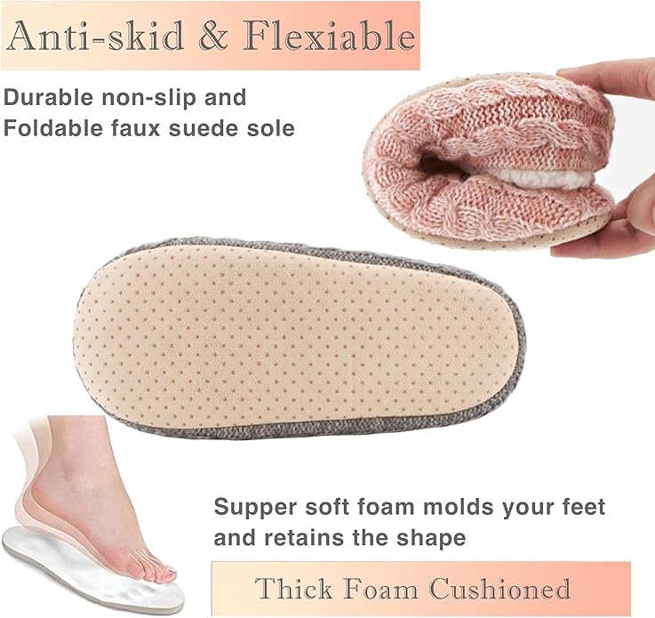 Cozylook 2-Pair Women's Soft Sole Slipper Socks with Grippers, Thick Warm Cozy Sherpa Lined Home Socks Set, Cable Knitted Non-slip Fluffy Winter House Bedroom Slippers