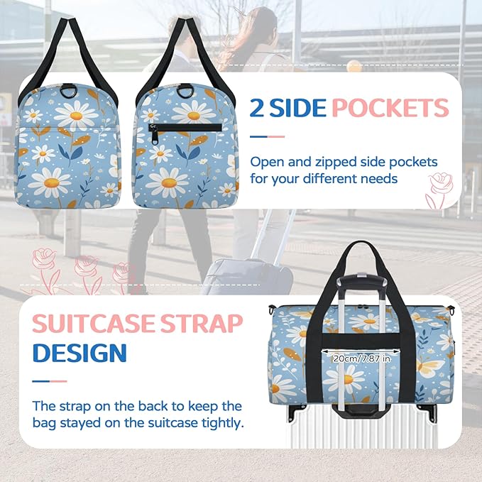 Daisy Travel Duffle Bag for Women Men, Overnight Weekender Bag, Carry on Tote for Sport Gym
