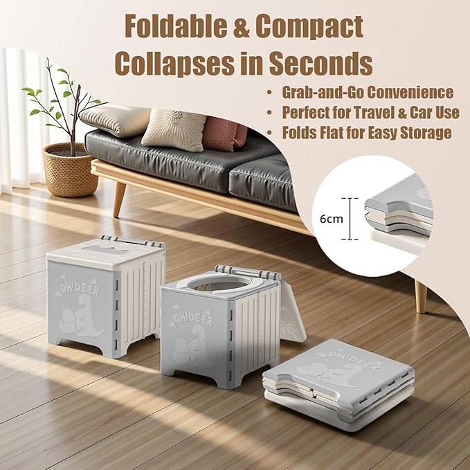 9.1" Foldable Travel Potty - Compact Collapsible Portable Toilet Seat with Cleaning Bags for Car, Camping, Outdoor Use, Supports Kids (Grey)