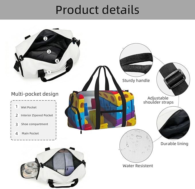 Colorful Building Blocks Print Gym Bag with Shoe Compartment for Women Men, 17.7in Sports Duffle Weekender Tote, Overnight Travel Duffel Bag Carry On