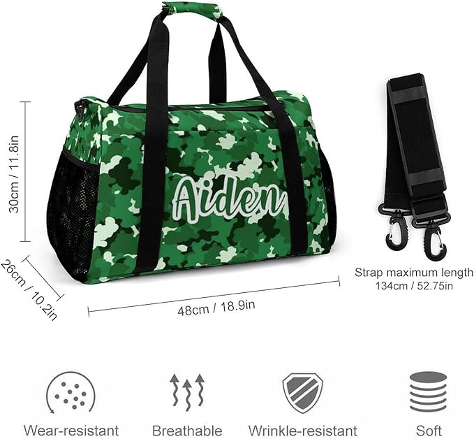 Camouflage Camo Green Pattern Duffle Bag for Men Women, Personalized Custom Name Text Crossbody Bags, Travel Sport Gym Perform Training Gym Bag