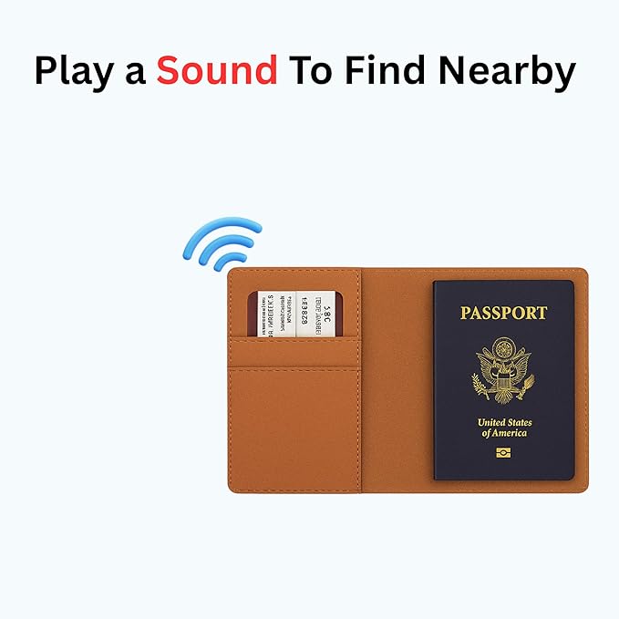 Smart Passport Holder with Built-in Wireless Tracker – MFi Certified – Compatible with Apple Find My – Travel Wallet with Card Slots, Boarding Pass Pocket & SIM Storage – PU Leather (Brown)