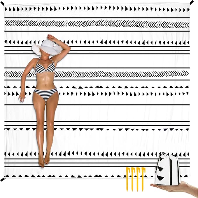 BEW Large Beach Blanket for 1-4 Adults, 78in×86in Waterproof Sandproof Blankets with 4 Stakes & Corner Pockets, Polyester Lightweight Foldable Outdoor Picnic Mat, Camping, Hiking White-black Lines