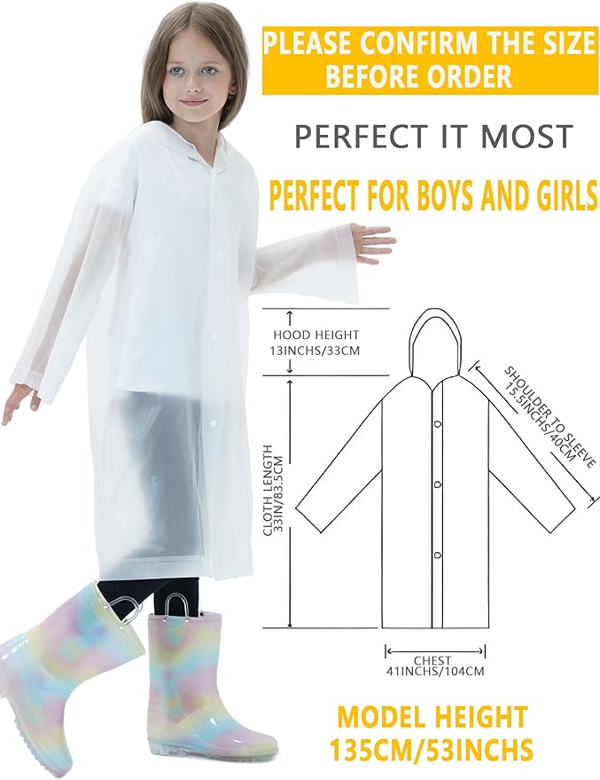 2 Pack Raincoats for Kids, Reusable Rain Ponchos with Hood and Sleeves Rain Coats for Boys and Girls