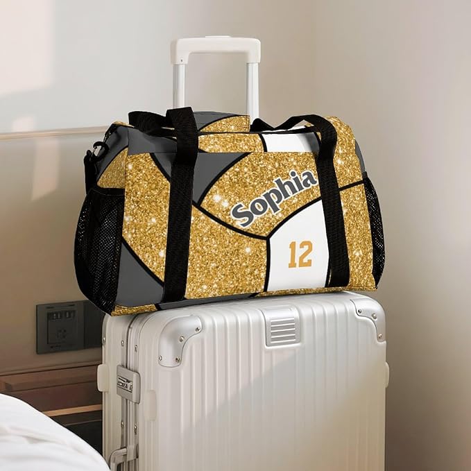 Custom Gold Glitter Print Volleyball Duffel Bag with Name Personalized Travel Bags Sport Gym Bag Carry On Weekender Bags for Men Women