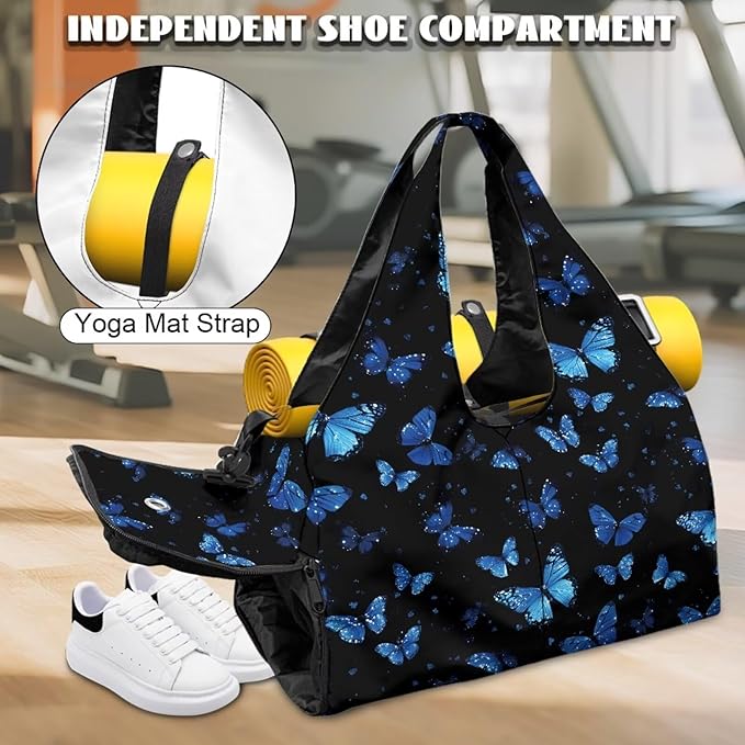 Blue Butterfly Small Gym Bag for Women Travel Duffel Bag with Shoe Compartment Decorative Tote Bags for Yoga, Sports, Hospital, Overnight, Weekender Organizer, Black