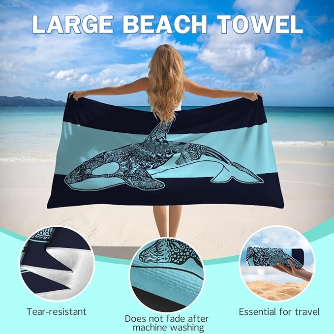 Whale Pattern Beach Towel - 30x60 Inch Fast Dry Microfiber Towel, Lightweight & Versatile for Beach, Pool, Yoga, Travel, Ideal as Beach Blanket & Vacation Essential