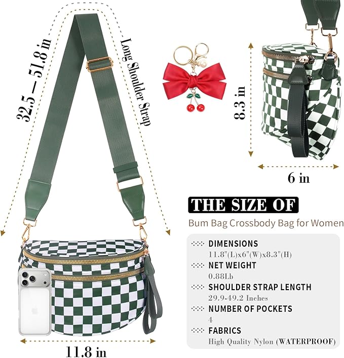 Checkered Crossbody Bag for Women, Spacious Sling & Stylish Bum Bag for Travel, Concerts, Festival, Nylon Fanny Pack Belt Bag (Colour Bum Bag-Beans Green Checkered)