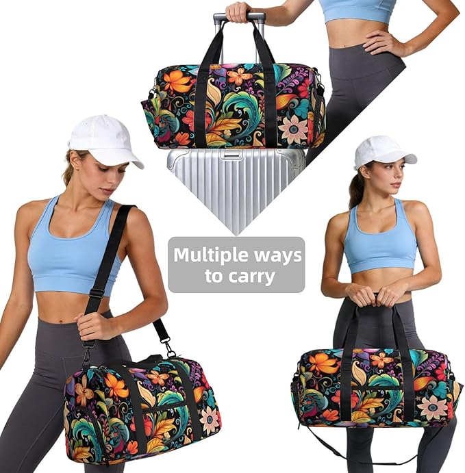 Sports Gym Bag Colorful Paisley Flower Floral Patten Travel Duffel Bag With Shoe Compartment Shoulder Strap, Lightweight Water-Resistant Weekend Overnight Totes For Women Men