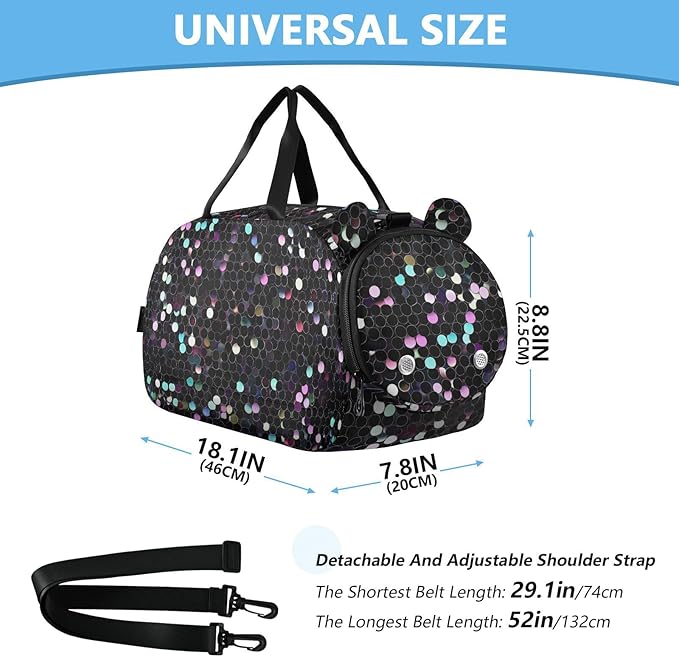 Black and Pink Fake Sequins Girl's Gym Duffel Bag with Shoes Compartment Multifunctional Sport Gym Tote Bags for Travel, Sports, Duffel, Weekender