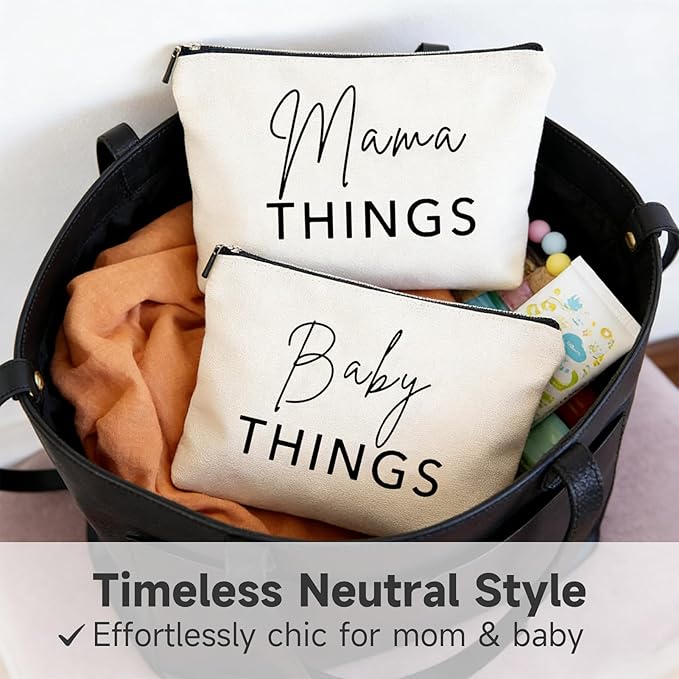 Mom & Baby Pouch Set, Diaper Bag Organizer Insert, Canvas Travel & Hospital Bag Essentials, Mommy Bag Organizer, Makeup & Toiletry Bags for New Moms, Gift for Baby Shower (Set of 2)