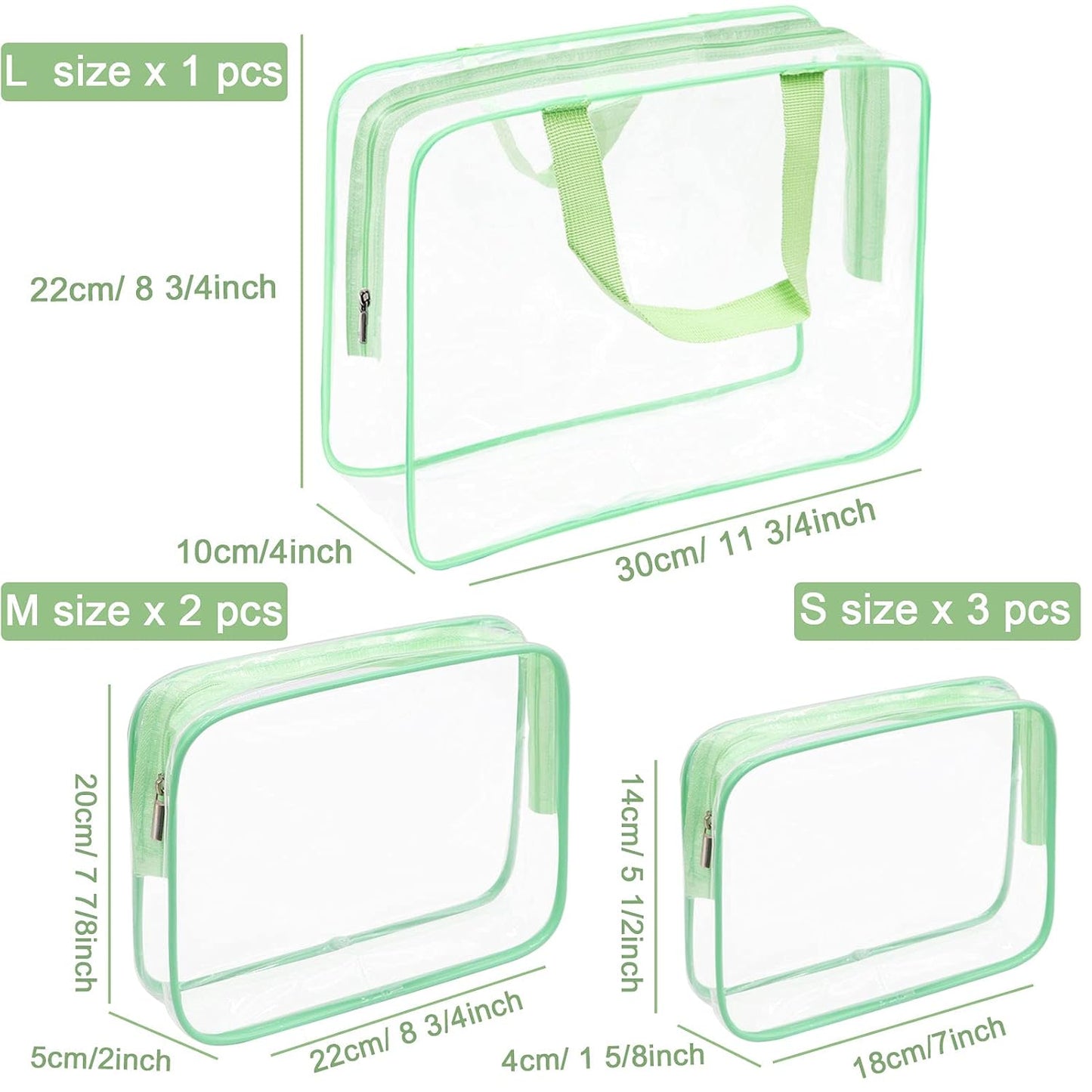APREUTY Clear Makeup Bags, TSA Approved 6 Pcs Cosmetic Makeup Bags Set Clear PVC with Zipper Handle Portable Travel Luggage Pouch Airport Airline Vacation Organization (Green)