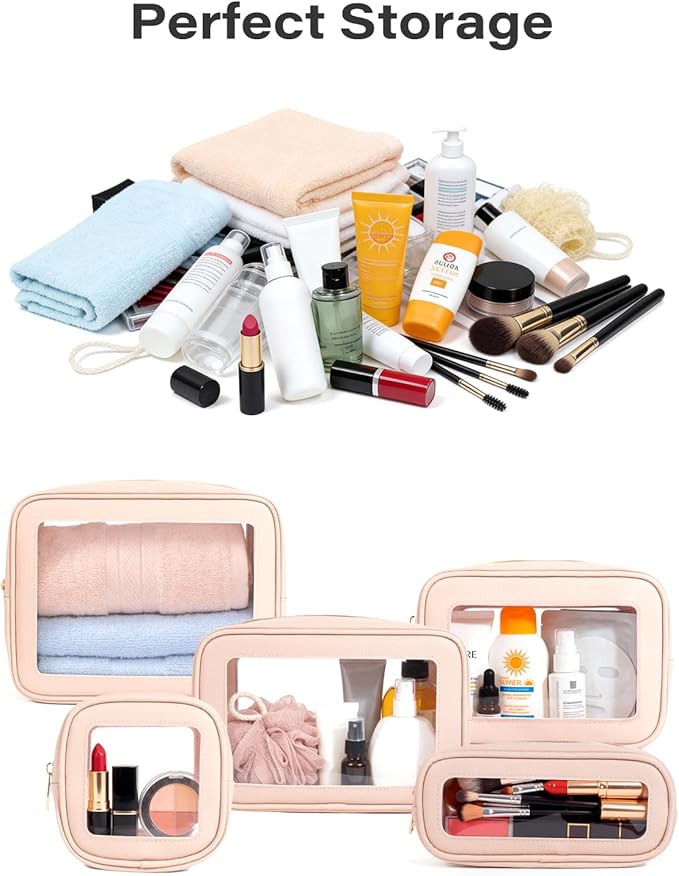 5Pcs Diaper Bag Organizer Pouch Set, Waterproof Travel Clear Makeup Bag Set for Women Small Toiletry Bag Travel Packing Organizer Bags Cosmetic Case with Zipper Compact Car Organizer Bag (Pink Set)