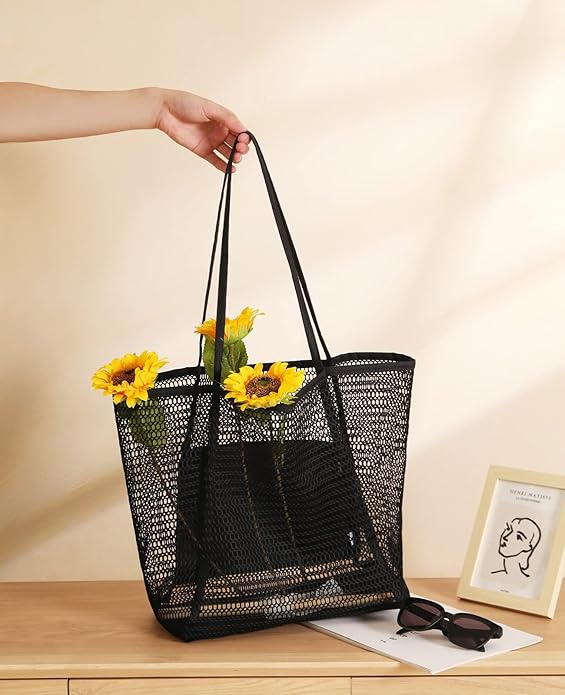 Iioscre Beach Bag for Women, Causal Hobo Pool Bags with Zipper Inner Pocket, Foldable Swim Tote Bag for Vacation Essentials