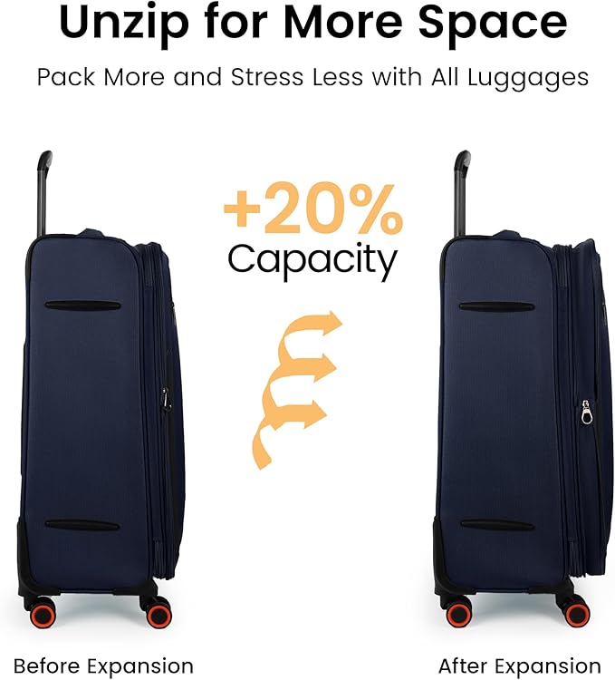 28 inch Luggage with Spinner Wheels,Large Softside Expandable 20% Checked Luggage w/TSA LOCK,Lightweight Durable Rolling Luggage for Men/Women（Navy,28in）