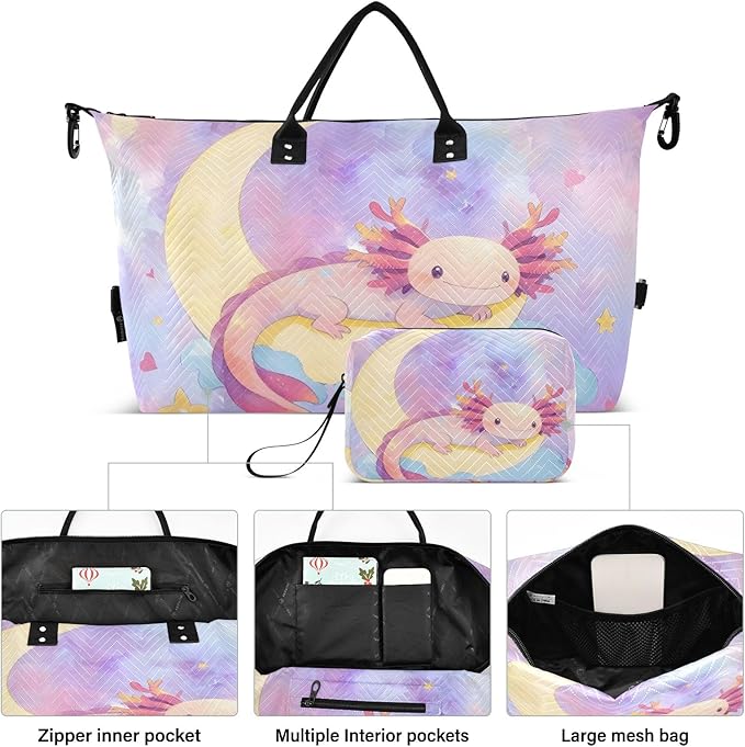Travel Duffle Bag, Moon Axolotl Gym Bag with Storage Bag Weekender Overnight Bag for Men Women Trip Sports Yoga