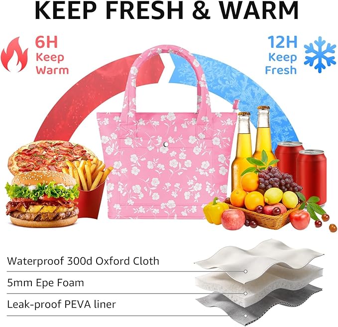 Tote Lunch Bag Women Stylish Quilted Lunch Boxes for Adult Fit and Fresh Cooler Insulated Lunchbox for Work Large 10 Liters Cute Compact Lunchbag Waterproof Pink Floral