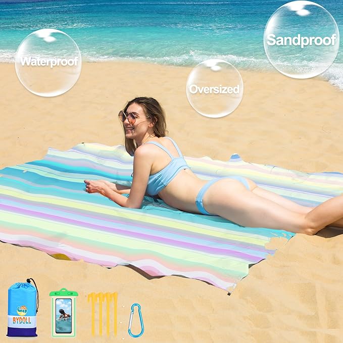 BYDOLL Beach Blanket 78''X81'' Waterproof Sandproof Suits1-4 Adults Oversized Lightweight Large Blanket Picnic Mat for Beach Sand Free Travel Camping Hiking Picnic