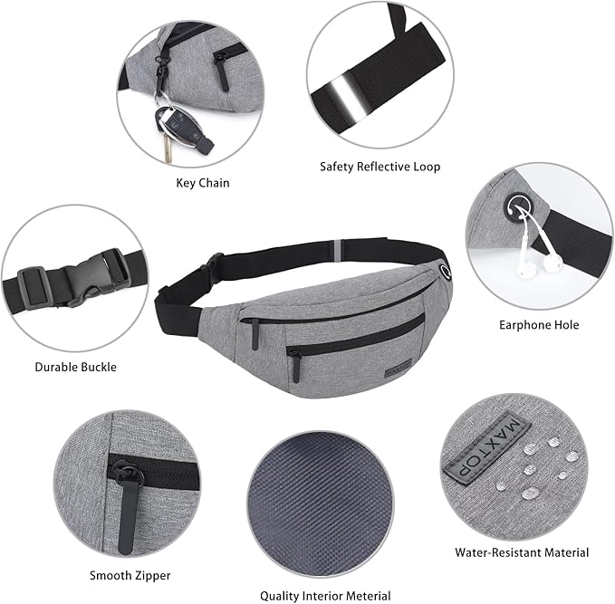 MAXTOP Large Crossbody Fanny Pack with 4-Zipper Pockets,Gifts for Enjoy Sports Festival Workout Traveling Running Casual Hands-Free Wallets Waist Pack Phone Bag Carrying All Phones